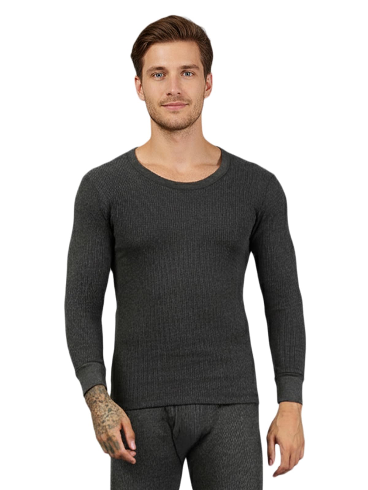 Lux Cozi HEATEK Black Melange Round Neck Full Sleeves Thermal Top for Men | Style 555| Ultra Soft, Extra Warm | Pack of 1
