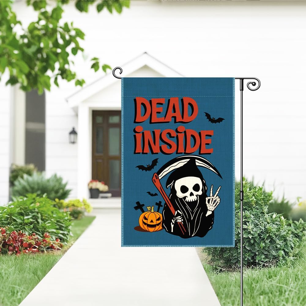 Dead Inside Garden Flag, Funny Pumpkin Spooky Yard Flag for Outside, Welcome Autumn Fall Halloween Front Porch Lawn Decoration, Funny Skeleton Peace Sign Home Banner - Image 4