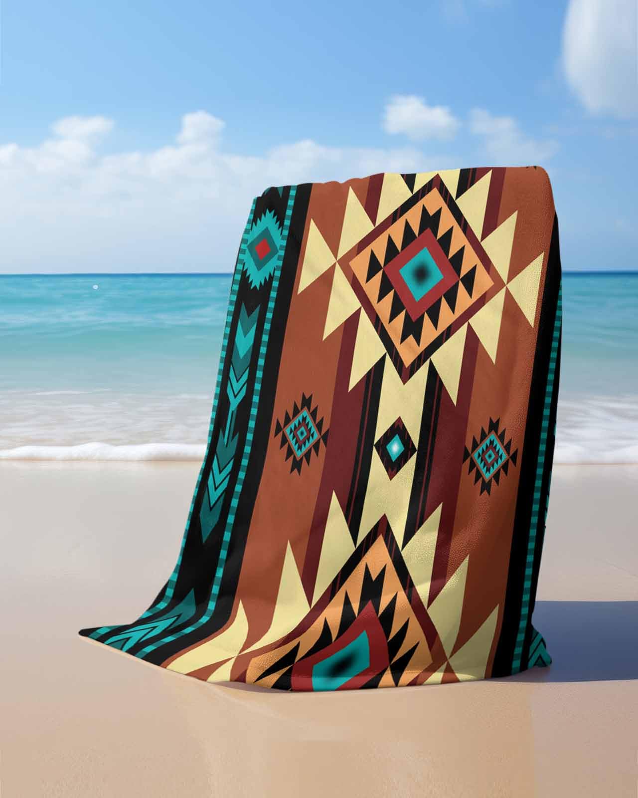 Mid Century Modern Beach Towel - Brown Earth Tones Geometric Pattern, Quick Dry, Sand Free, 30x63 Inch