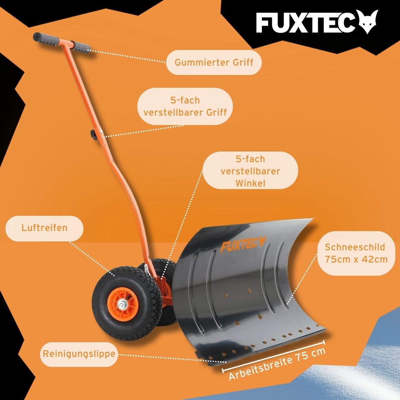 FUXTEC Schneeschaufel auf Rädern FX-SS740, höhenverstellbar - komfortables Schneeräumen, rückenschonender Schneeschieber, Schneeschild 75 cm Arbeitsbreite-Höhe 42 cm, platzsparend da zusammenklappbar