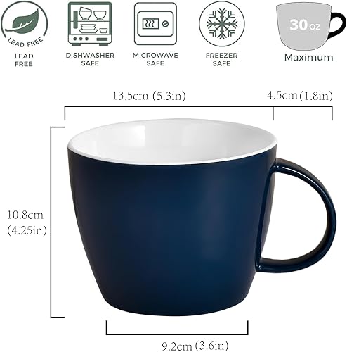 Miniatura 2 de Porcelain Mug 30 OZ, Oversized Soup Cup or Jumbo Mug for Coffee, Oatmeal, Gumbo, Salad, Microwave and Oven Safe, Cool Blue