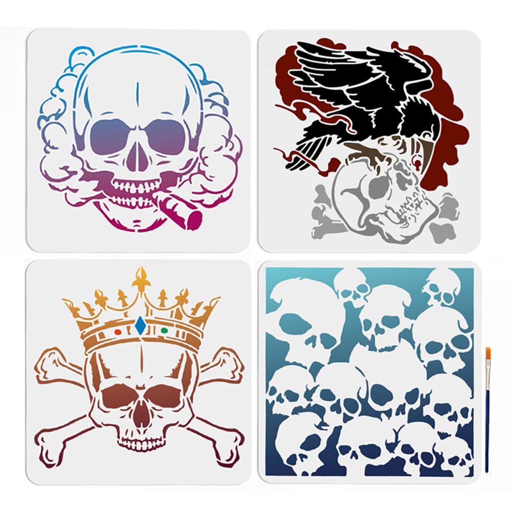MAYJOYDIY 4pcs Skeleton Crow Stencils 30×30cm Large Raven Skull Crossbones Painting Stencil with Paint Brush Crown Skull Smoking Skull Drawing for Wood Fabric Rock Halloween Decorating Art Craft
