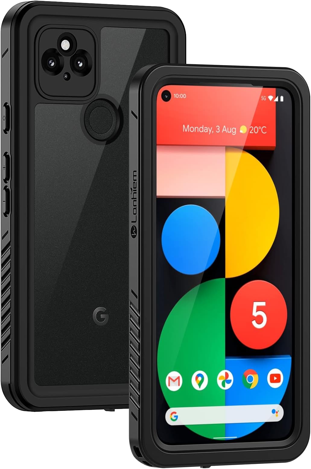 Lanhiemfor Google Pixel 5 Case, IP68 Waterproof Dustproof with Built-in Screen Protector, Heavy Duty Full Body Protective Phone Case for Pixel 5, Black/Clear