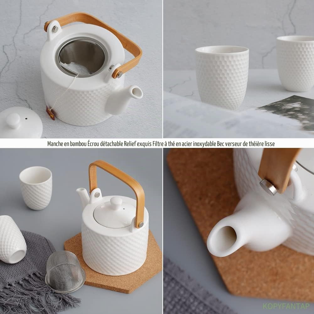 Service à Thé avec théière en Céramique Blanche, 900ml Théière avec 1 Filtre et 180ml 4 Tasses，Modèle Design Relief Géométrique
