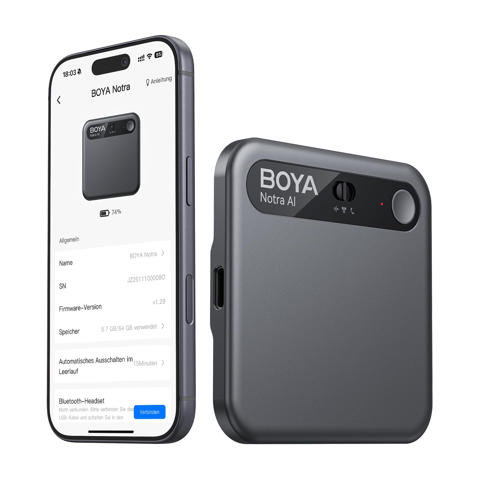BOYA Notra KI Digitales Diktiergerät mit KI Schreibfunktion und Zusammenfassen, Multimodale Eingabe, Voice Recorder Unterstützung für Bluetooth-Headset-Aufnahme, Audiorekorder für Meetings Vorlesungen