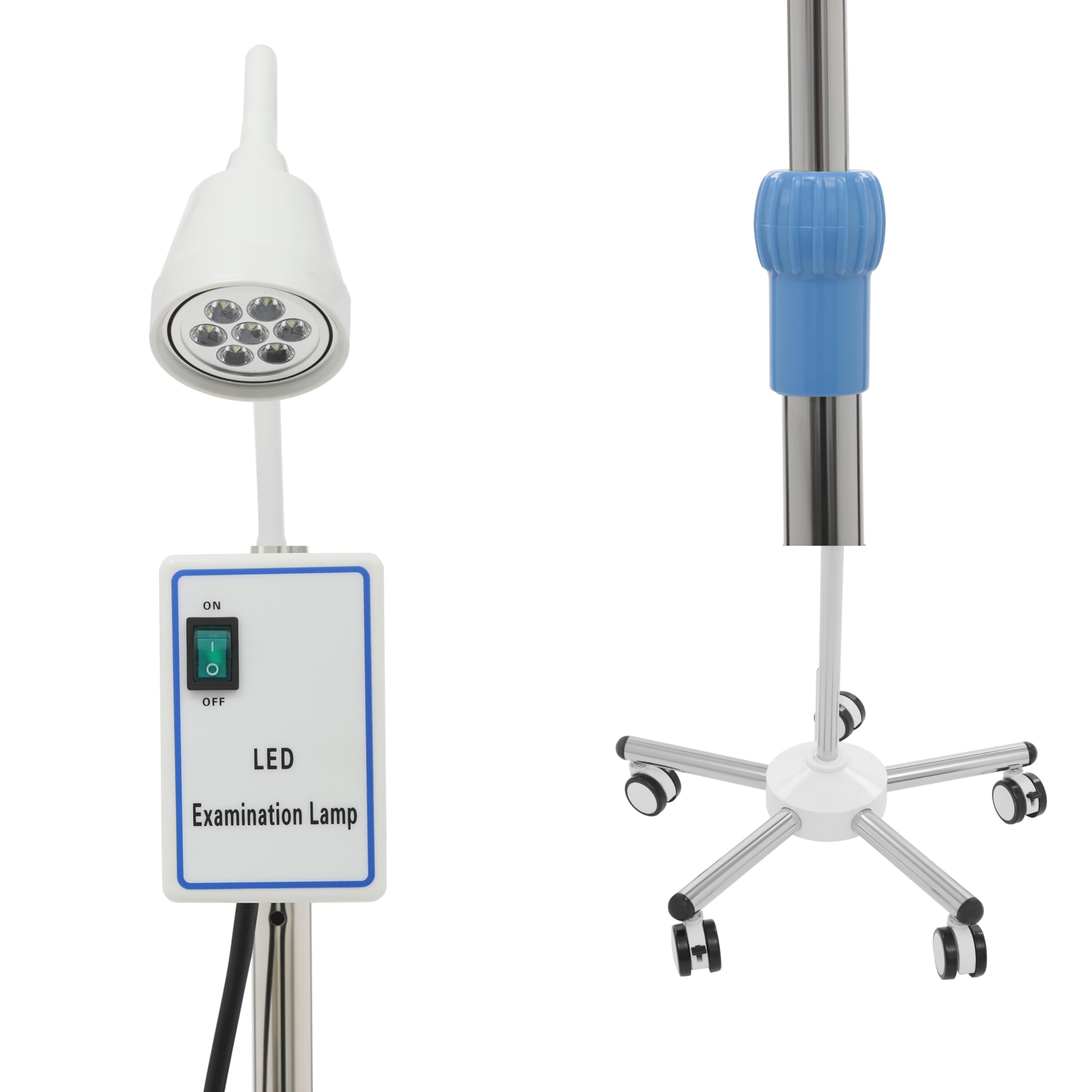 LED-Untersuchungsleuchte aus Edelstahl und ABS mit 360° Drehbare Lampenkopf, 130-160 CM Höhenverstellbare Bodenstativlampe LED-Hilfsleuchte, Medizinische Lichtlampe mit 5 Universalrädern