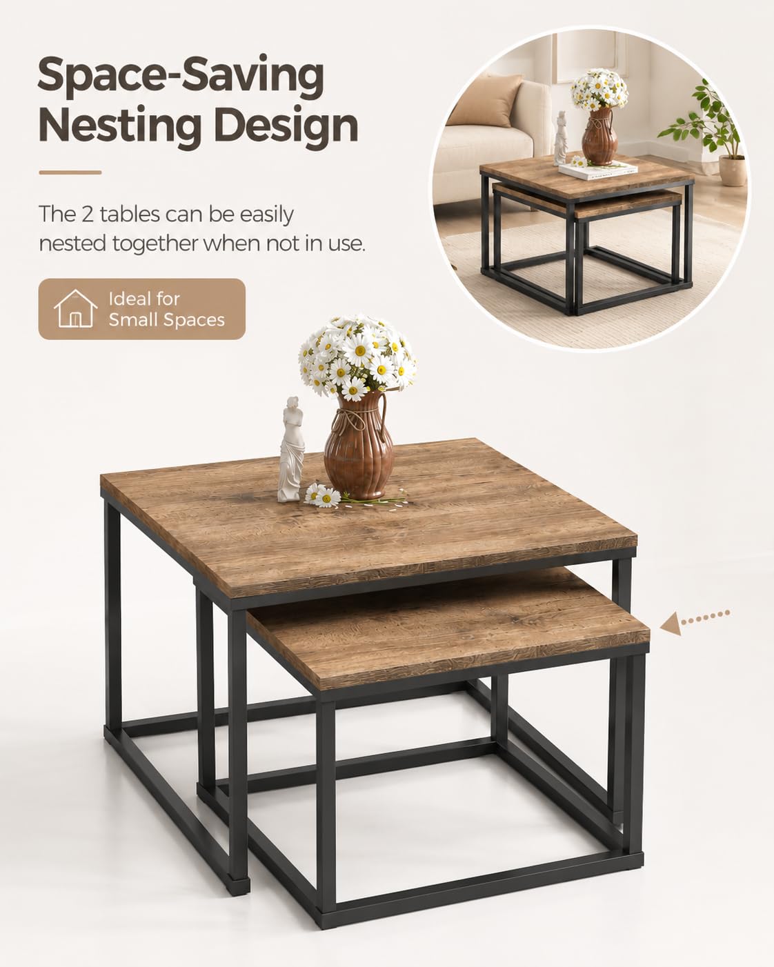 Mesa de Centro Madera Cuadrada Nido Set de 2 Mesas Auxiliares Salón Mesa Centro Pequeña Mesita de Centro Efecto Roble Negro con Marco Metálico para Salón Dormitorio Oficina