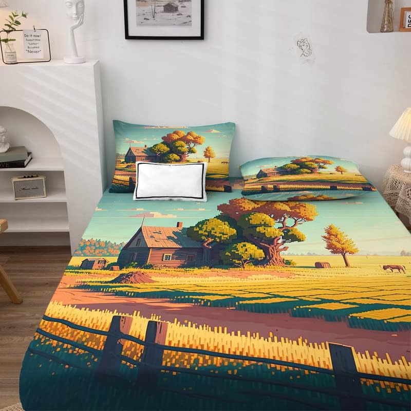 Farm Sheets Queen Size - Farmhouse Bed Sheets, Soft Microfiber & Deep Pocket & Wrinkle Free Patterned Bedding Sheets & Pillowcases, 4 Piece (1 Fitted Sheet, 1 Flat Sheet, 2 Pillow Cases)