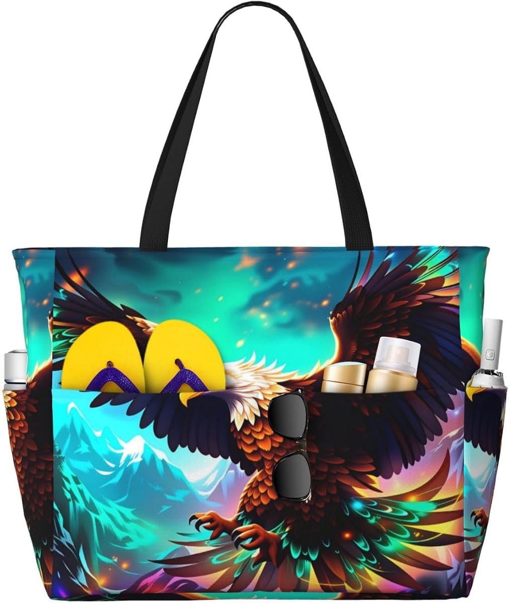 Colorful Eagle Women Beach Bag 17.7X15in | Large Waterproof Sandproof Tote With Zipper, Foldable Lightweight Swim Bag For Beach Pool Gym