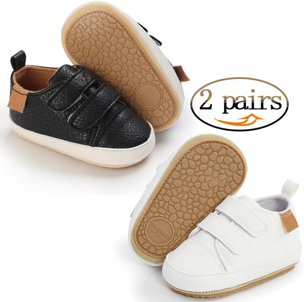 2Pairs Baby Shoes,Boys Girls Non-Slip Rubber Sole Sneakers,Unisex Infant Soft Lightweight First Walking Crib Shoes