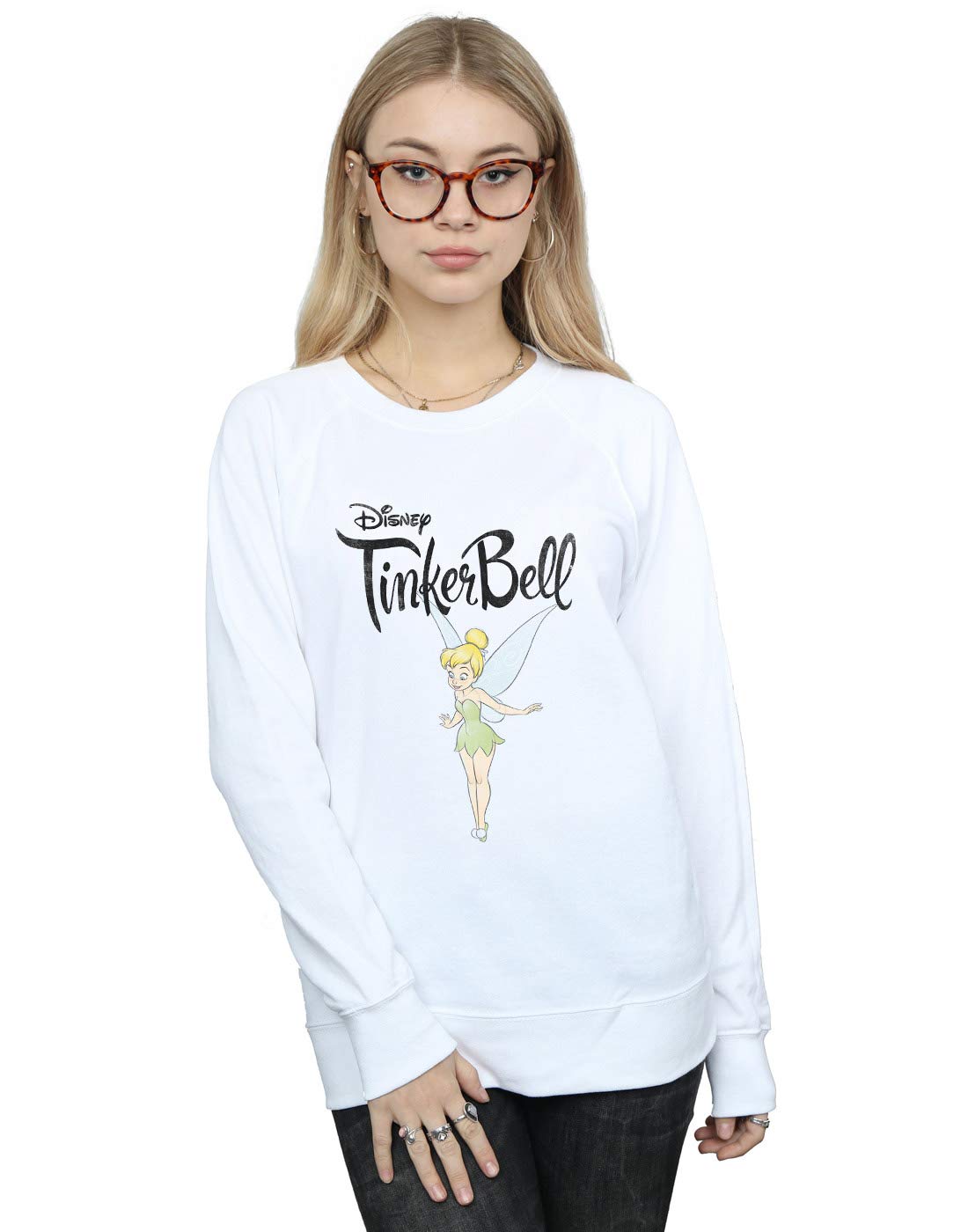 Disney Women's Tinker Bell Flying Tink Sweatshirt White Large