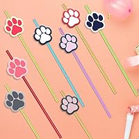 Vista 2 de 24 piezas de suministros para fiesta de cumpleaños de perros, pajitas de bebida con patrón de patas, adecuadas para fiestas temáticas de perros