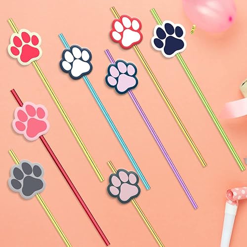 Miniatura 2 de 24 piezas de suministros para fiesta de cumpleaños de perros, pajitas de bebida con patrón de patas, adecuadas para fiestas temáticas de perros,