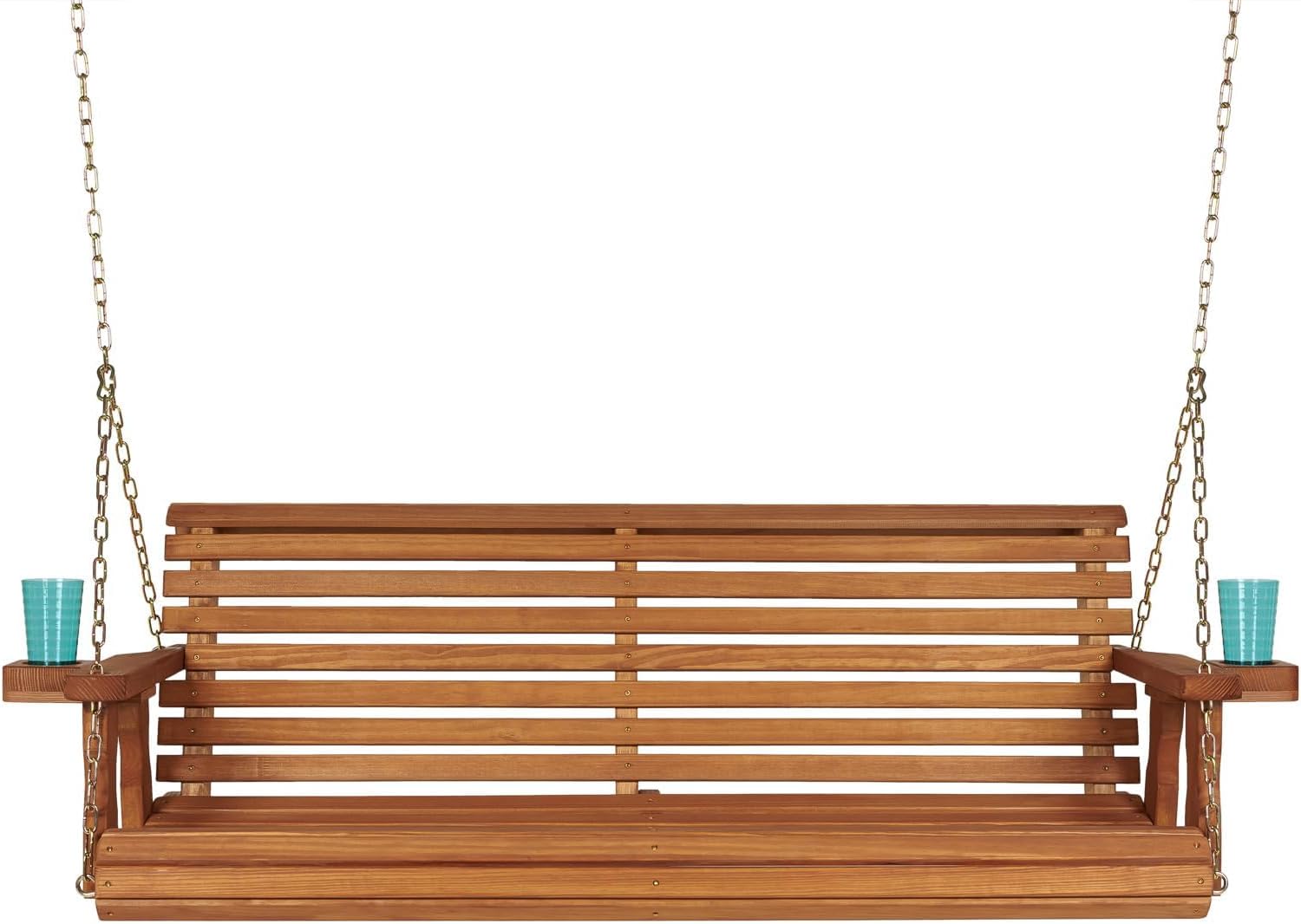 Amish Casual 5 Foot Roll Back Heavy Duty Wooden Porch Swing with Cup Holders in Cedar Stain - Amish Made in The USA from Treated Pine, Outdoor Hanging Bench Swing with 700 Lb. Weight Capacity