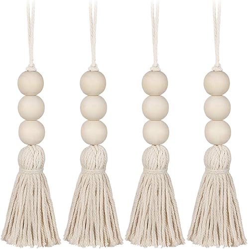 BESPORTBLE 4 piezas de borla de cuentas de madera adornos de línea de algodón natural decoración borla colgante para armario, porche