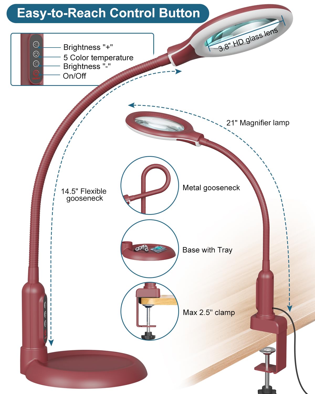 10-fache Lupe mit Licht und Ständer, LED 5 Farbmodi, Helligkeit, stufenloses Dimmen, beleuchtete Lupe, freihändig, flexible Schwanenhals-Schreibtischlampe mit Klemme für Naharbeiten, Handwerk, Hobby
