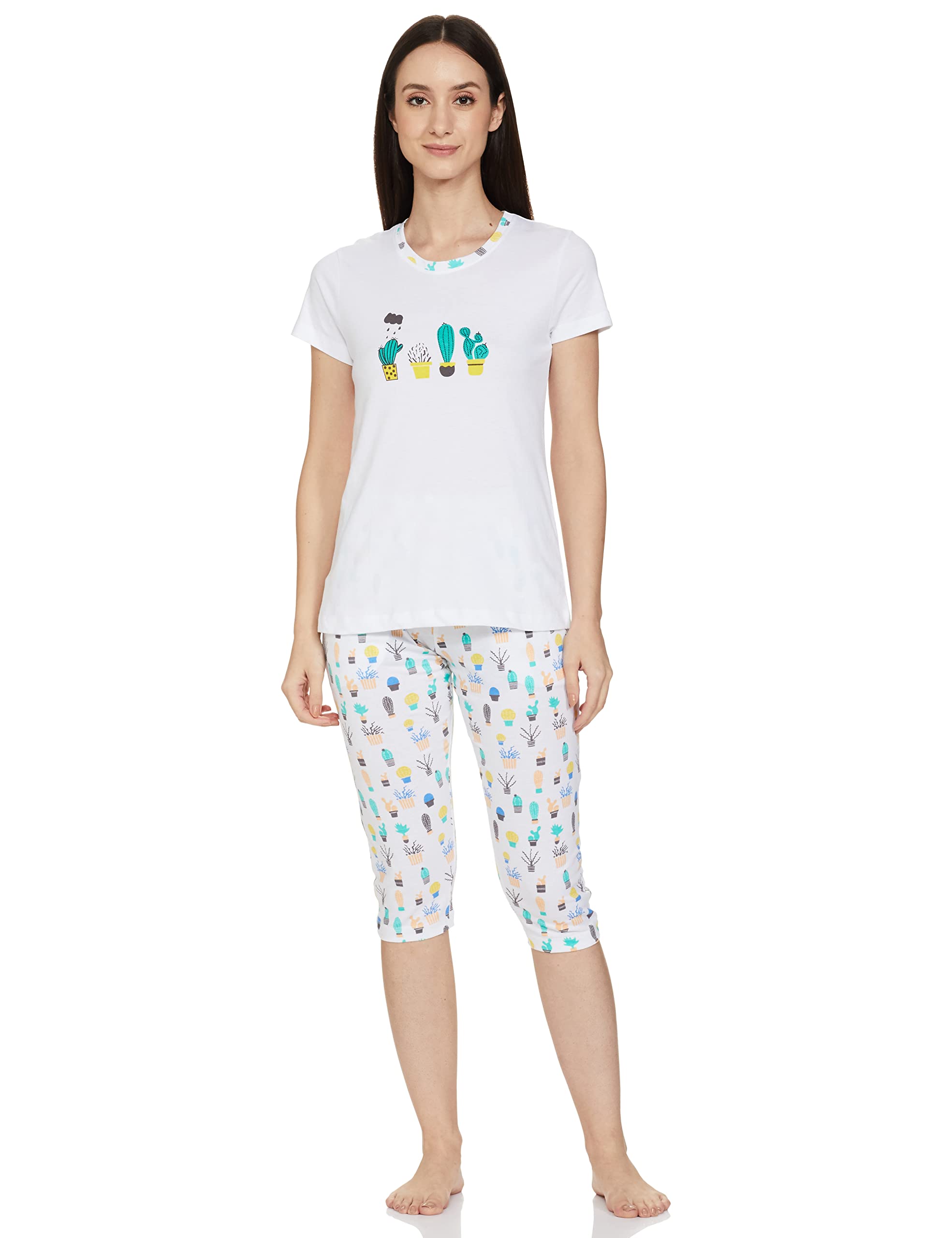 clovia Women's Cotton Printed Top & Capri Set (LS0411P18_White_L)-picture-20