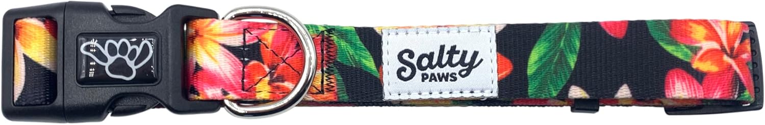 Shaka's Salty Paws Tropical Black Dog Collar for Beach, Boating, Fishing (Medium Collar Adj. 14-20" for Dogs 25-50 lbs, Black Floral Hawaiian Print)