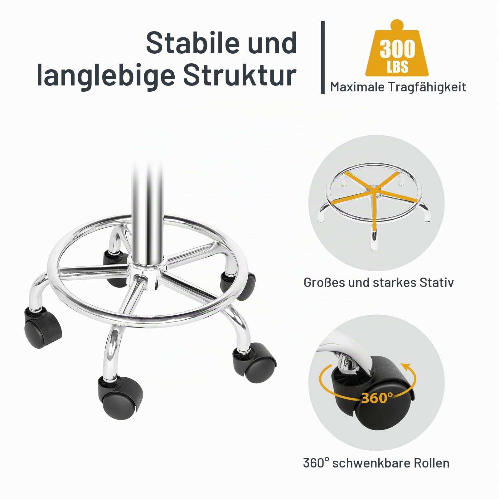 Bonnlo Rollhocker Arbeitshocker Bürohocker Höhenverstellbar mit Rückenlehne Drehhocker für Büro/Salon/Bar, Kunstleder Schwarz mit Rückenlehne