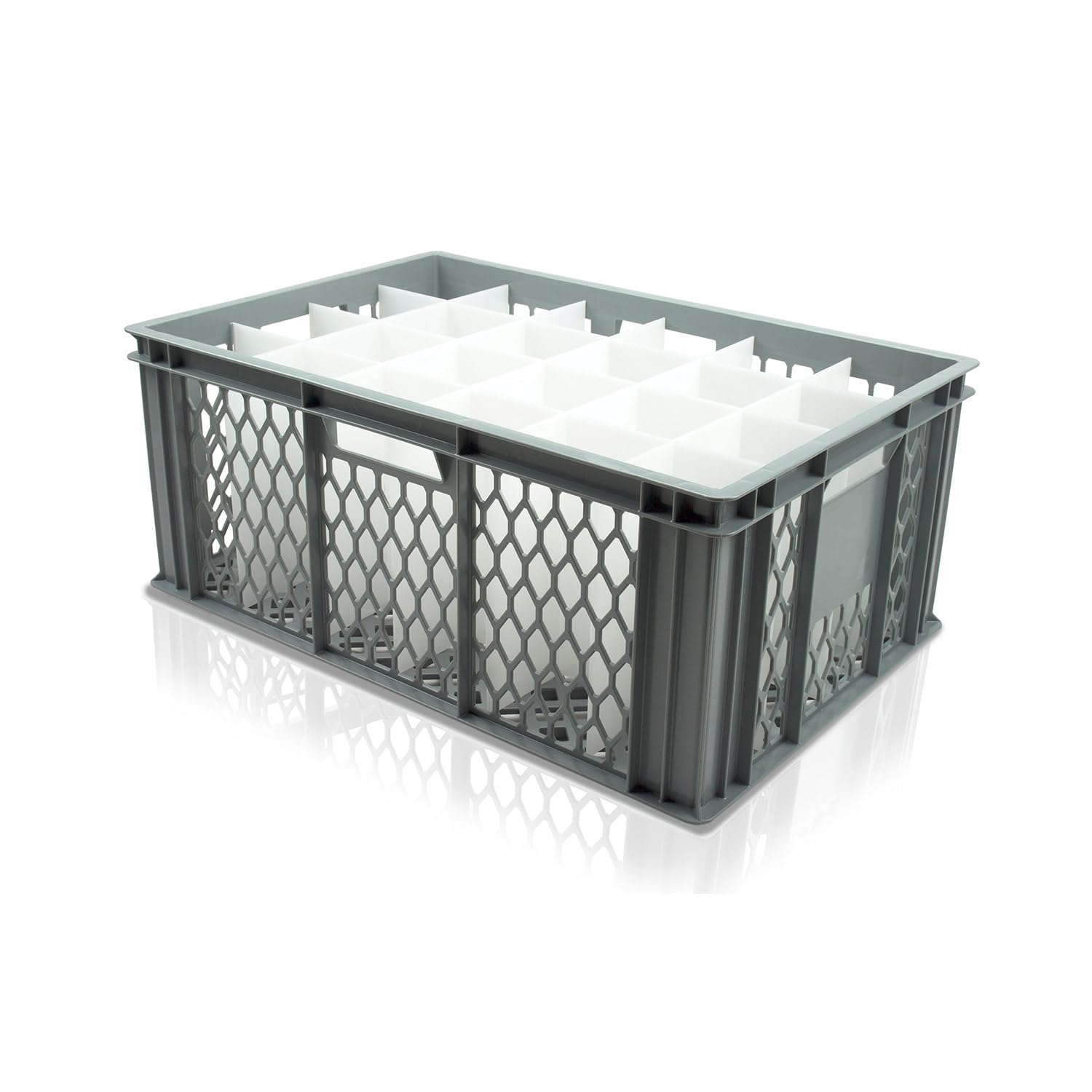 Caterbox Grey Glass Wash & Store Crate, Ventilated, 600X400x285mm, With 24 Compartment Divider For Wine Glasses – Conveyor Washing Solution (Glass Height 197-220Mm)