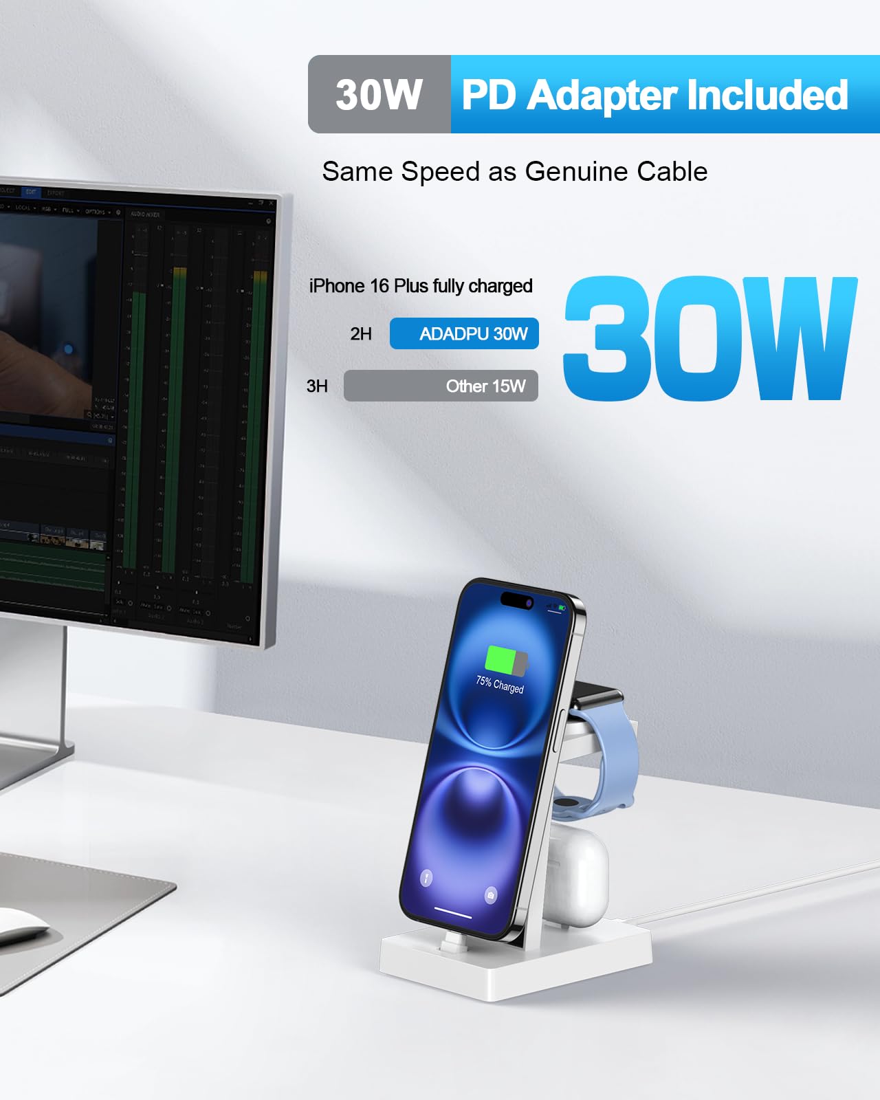 30W Fast Charging Station for Apple Devices - ADADPU 3 in 1 USB C Charger Stand for iPhone 17 16 15 Pro Max Plus & AirPods 4,Wireless Charger Dock Compatible with Apple Watch Ultra/10/9/8/7/6/5/4/3/SE