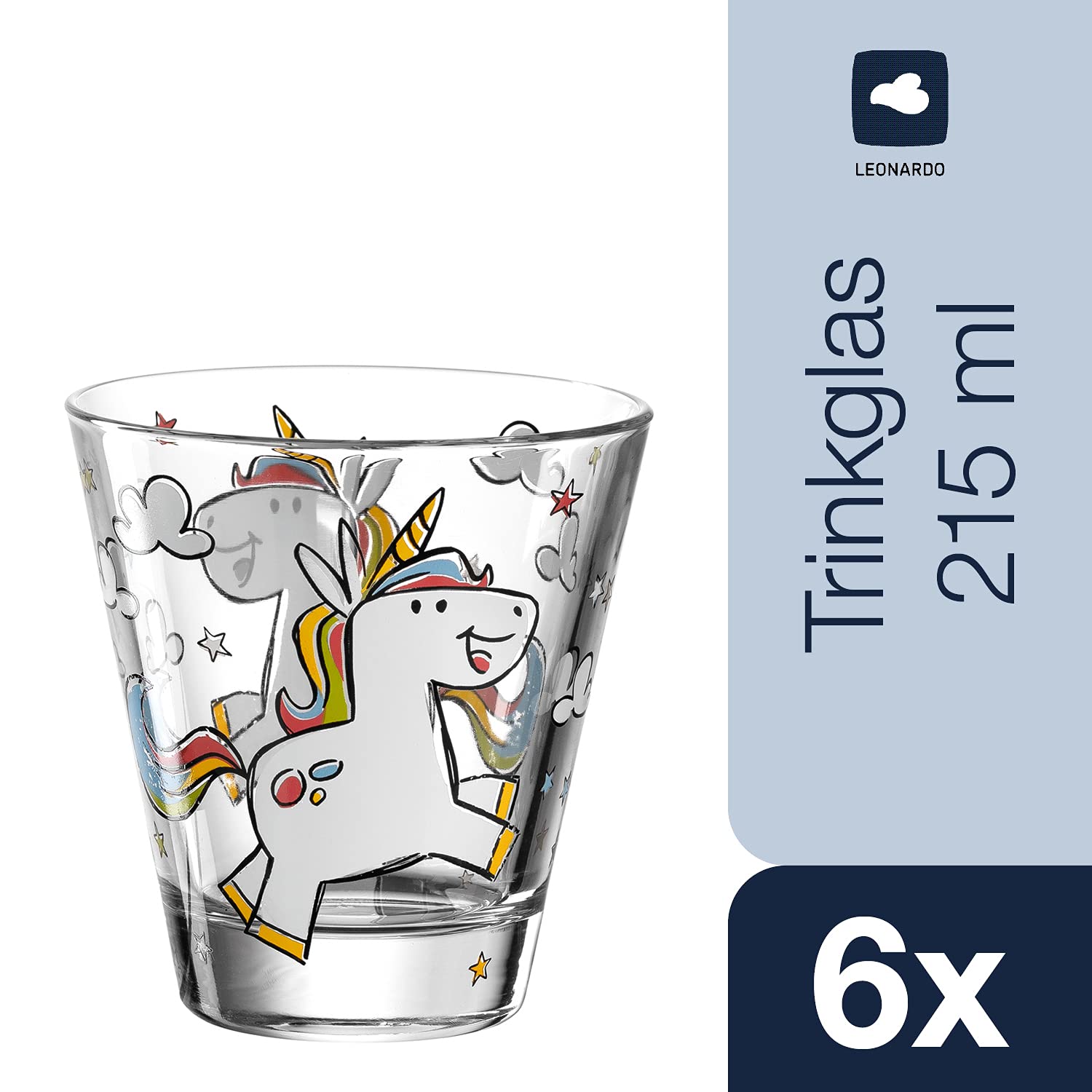 Leonardo Bambini Trink-Glas 6er Set, Kinder-Becher aus Glas mit Tier-Motiv "Einhorn", spülmaschinengeeignete Saft oder Wasser Gläser, 215 ml, 017902
