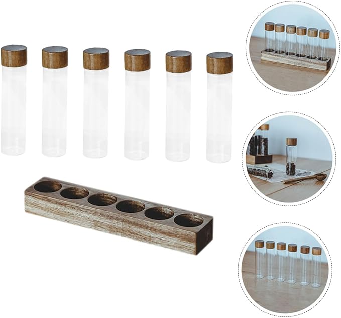Set de 6 frascos de vidrio para café con soporte de madera miniatura 8
