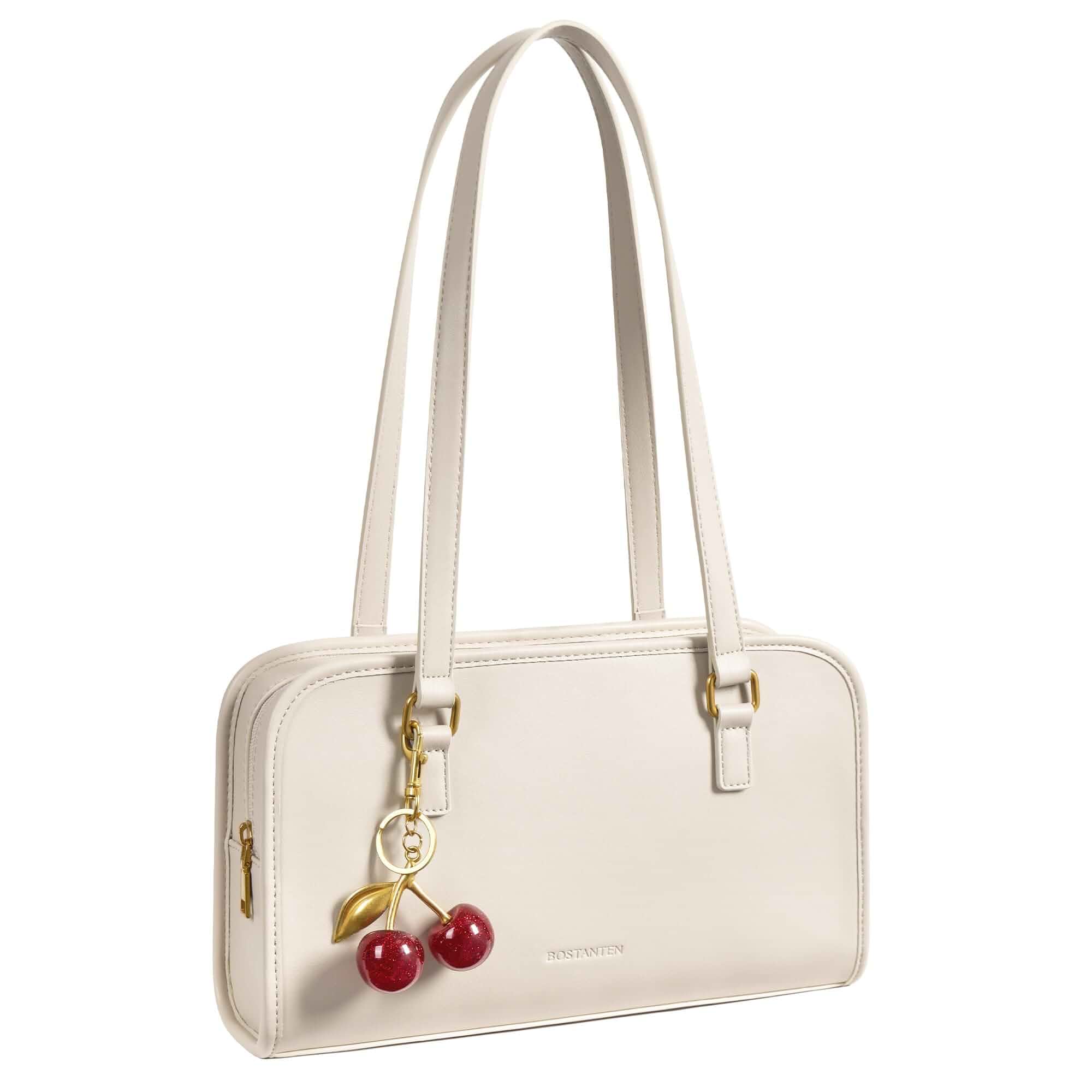 BOSTANTEN Shoulder Bag with Cherry Charm Vegan Leather Purse for Women Quiet Luxury Vintage Style, Structured Handbag, Handle Strap, Well-Organized Pockets, Versatile for Everyday Weekend Office