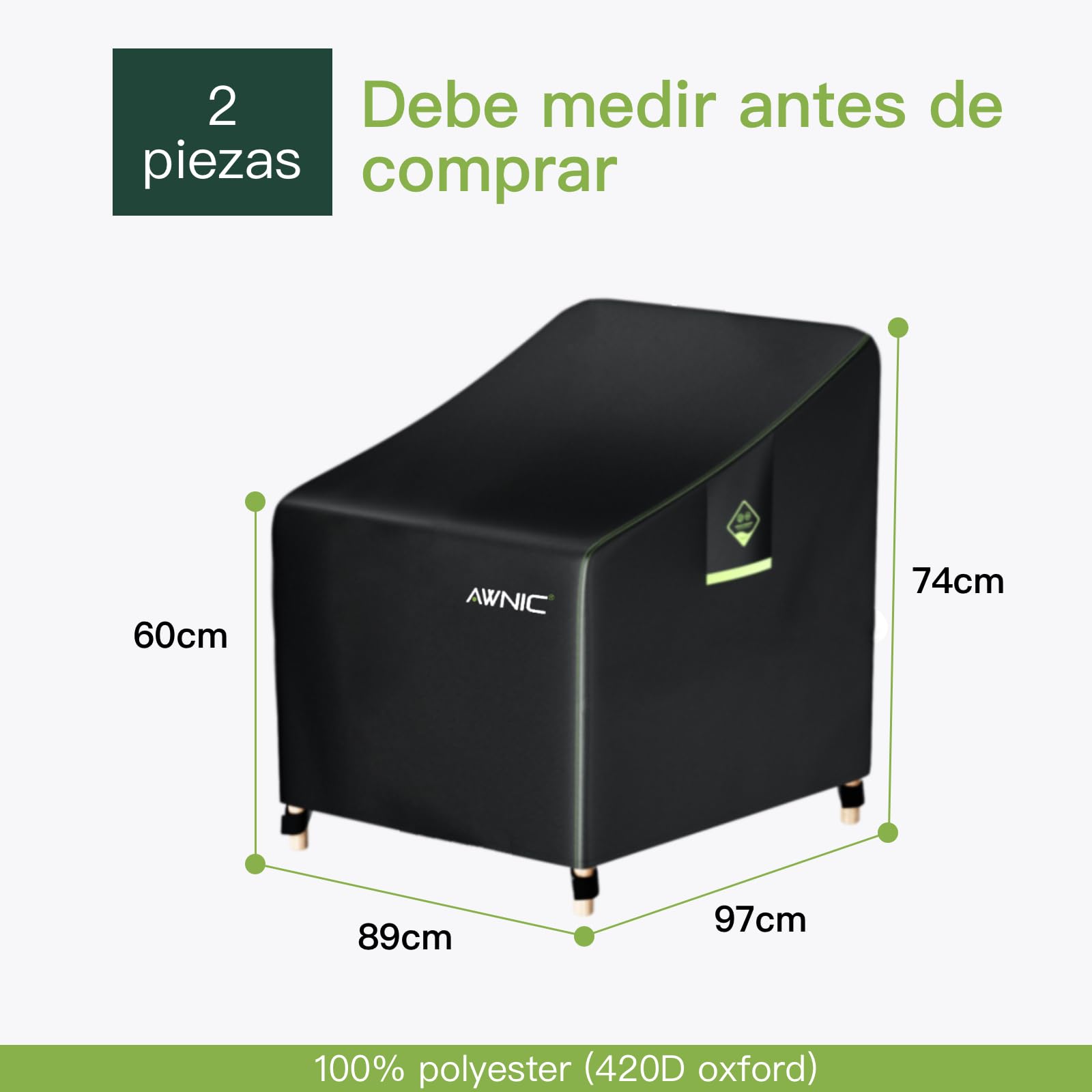 AWNIC 2 Paquetes Funda de sillón de Jardín Impermeables, Resistente al Viento, a los desgarros y a los Rayos UV para Exterior Patio Terraza Funda para Sillas 420D Poliéster 89x97x60/74cm