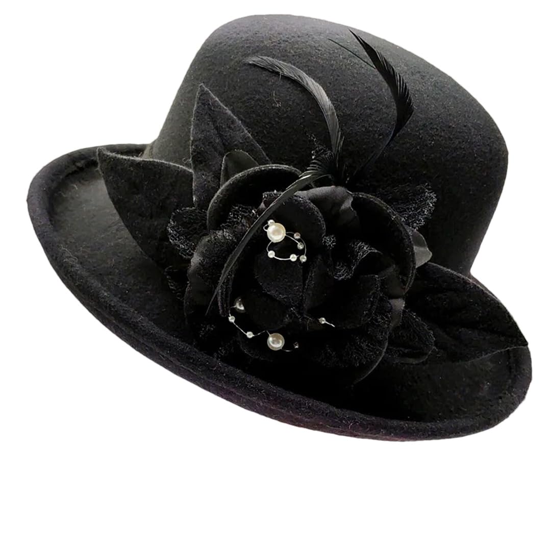 Yeuyyben Donne Floreale Cappello di Lana Primavera Inverno Cappelli Fedoras Elegante Bucket Cappelli Caldi Femminile Bombetta