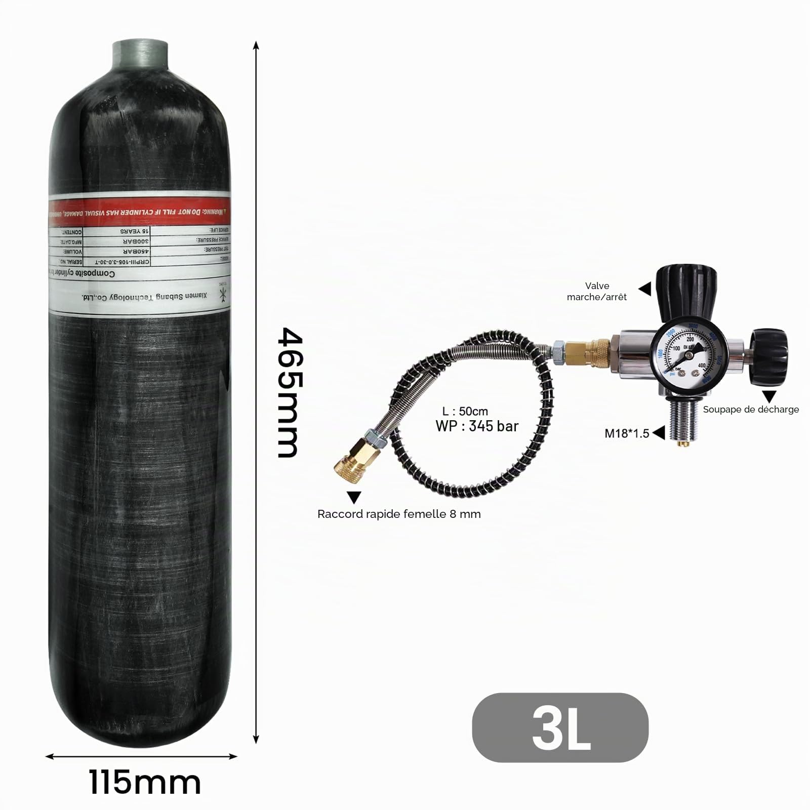TUXING 3L 4500psi en fibre de carbone réservoir d'air (bouteille vide) & Paintball station de remplissage avec manomètre en aluminium régulateur de valve compteur pour PCP jeu