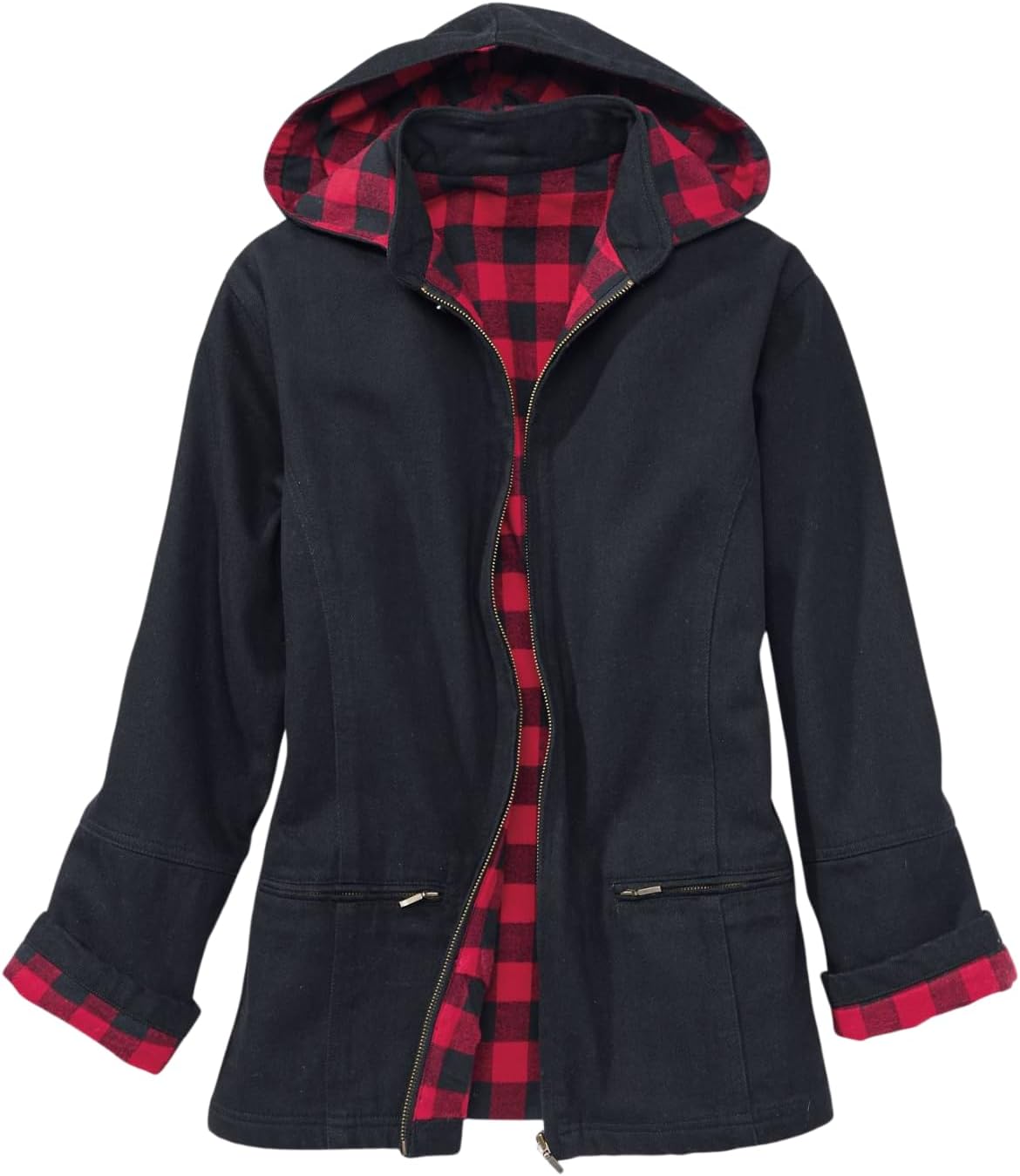 SAGEFINDS Women’s Black Denim Jacket with Detachable Hood and Flannel Lining