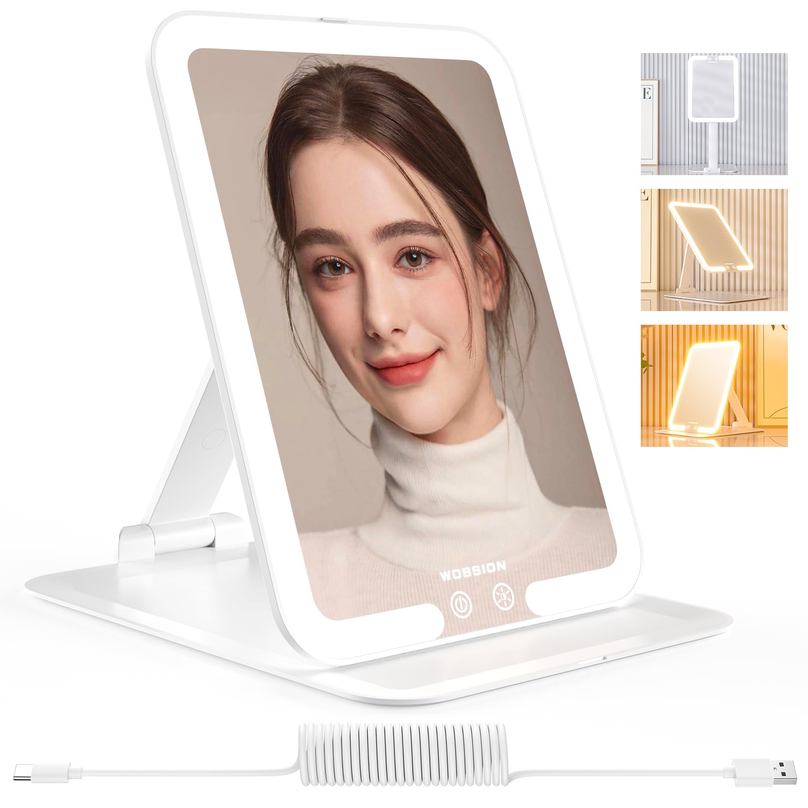 WOBSION Travel Makeup Mirror, 8 * 6.1in Rechargeable Portable Folding Makeup Mirror with Lights, 3 Colors Light Up Mirror with 58 LEDs,Dimmable,Multiple Angles and High Adjustable,1500mAh,Gift,White