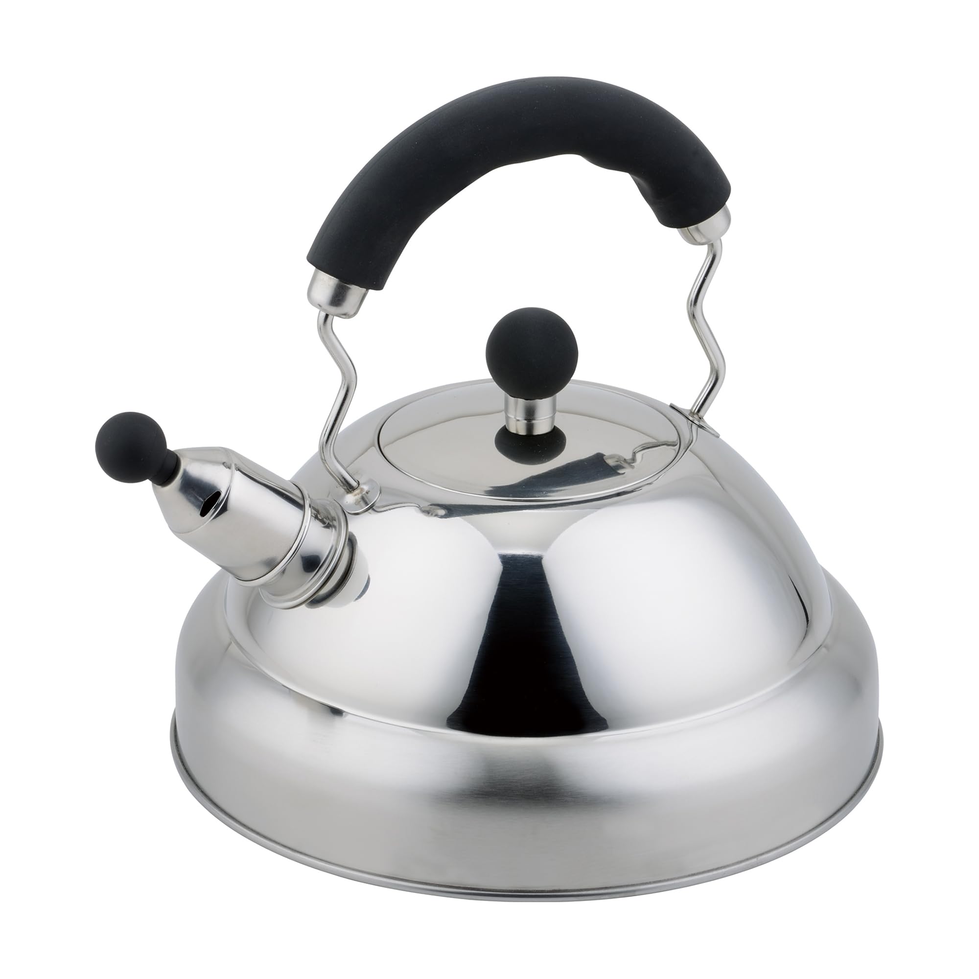 Buckingham Silver Stainless Steel Retro Stovetop Whistling Kettle Mirror Finish Stainless Steel With Black Soft Grip Handle Induction Compatible 3 Litres By