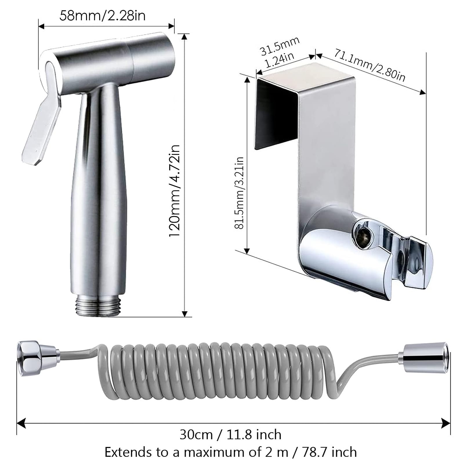 3 Piezas Kit Ducha Higienica para WC, Acero Inoxidable Grifo Bidet para WC, Ducha Higienica con Manguera y Soporte, Monomando Grifo Portatil Kit para Lavado de Inodoros, Higiene Personal