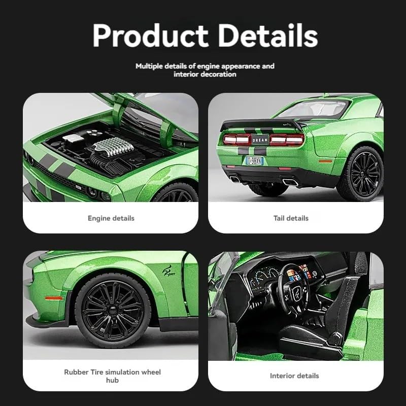 Image of 1:22 Scale Dodge Challenger SRT Hellcat-Devil Eye Toy Car | Metal Pullback Diecast Car for Kids with Openable Doors, Sound, Light Effects Toy for Car Enthusiasts (Color As Per Available)
