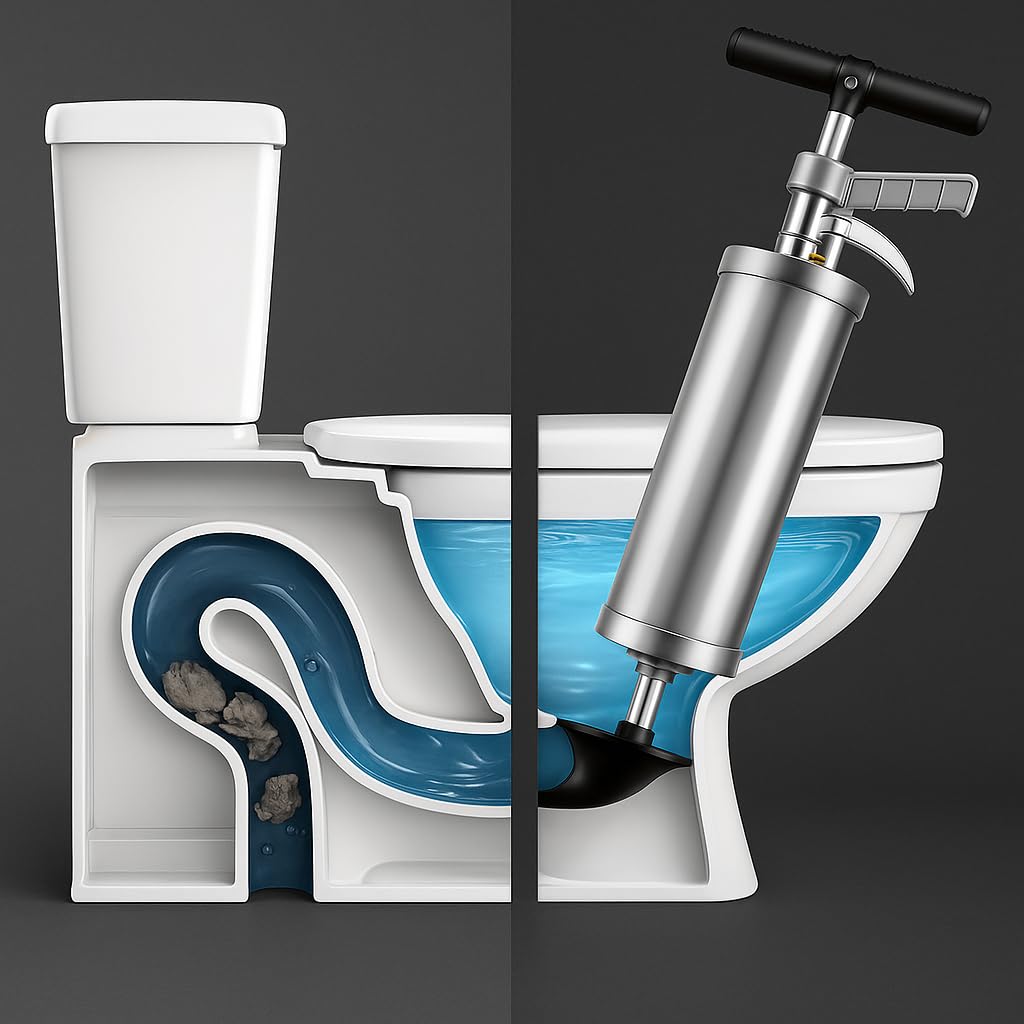 BRÜTAL Déboucheur Canalisation Haute Pression à Air Comprimé – WC Évier Lavabo Douche – Pistolet Déboucheur Pneumatique Professionnel 4 Bars, Manomètre, Cuve Inox & 3 Embouts – Sans Produit Chimique