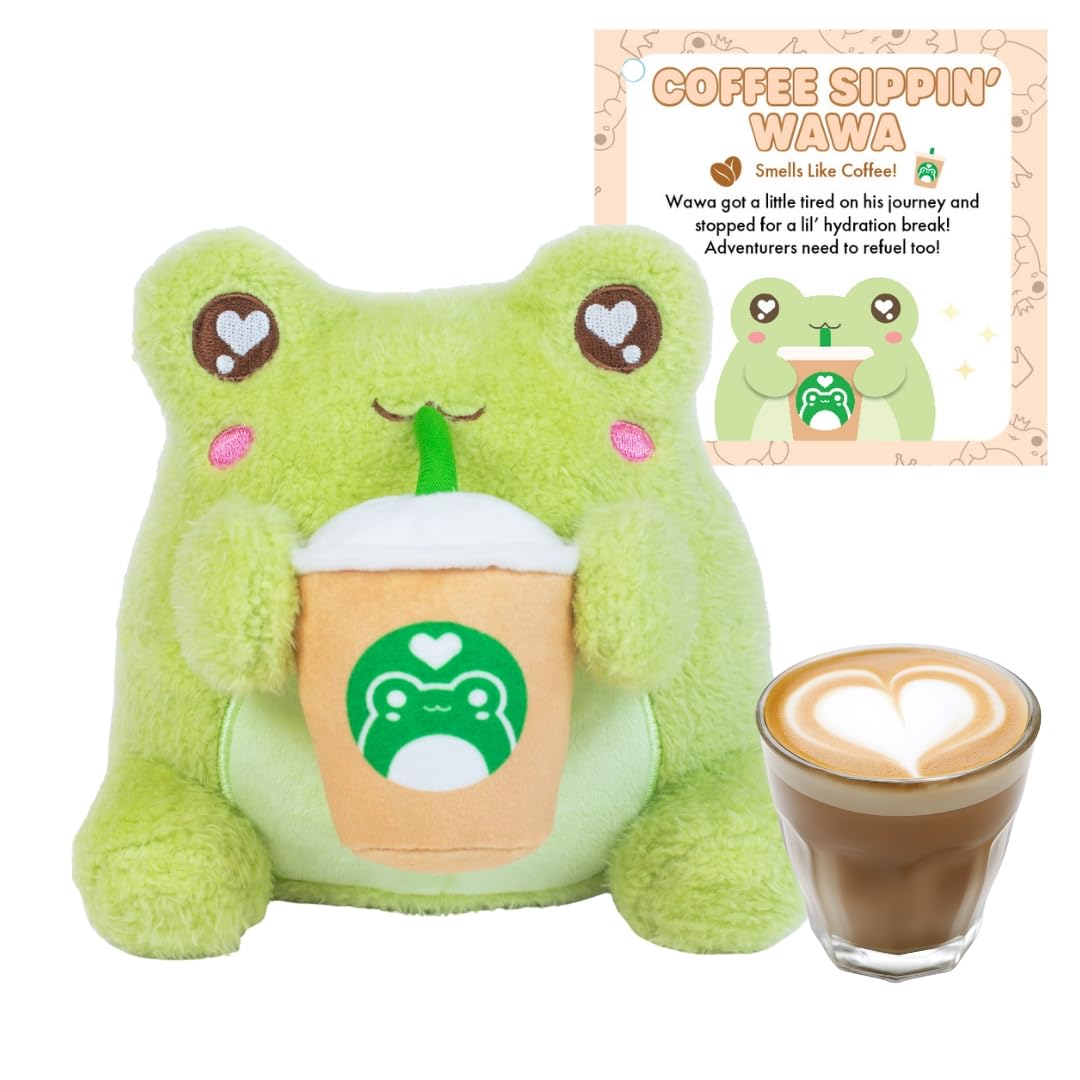 PlushGoals - Lil Series Scented Coffee Sippin' Wawa - Soft Lime Green Stuffed Animal Kawaii Frog Plush Toy, 6 inches