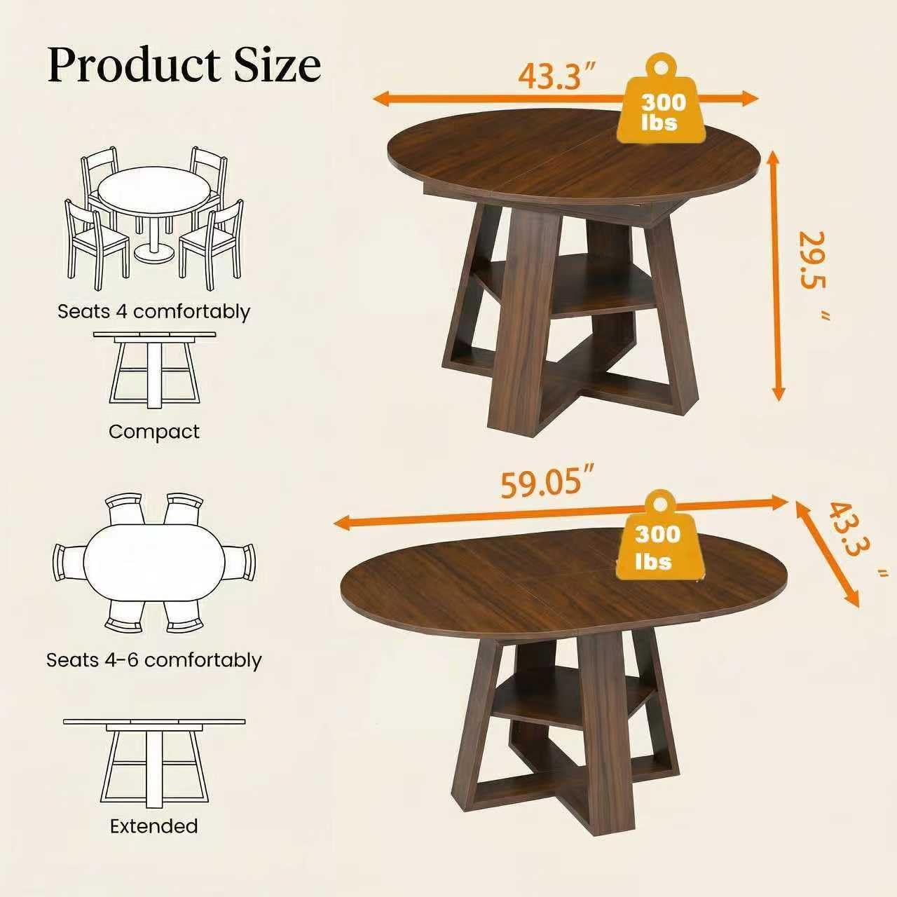 Henf 43.3"-59" Round Extendable Dining Table for 4-8 Person,Farmhouse Oval Expandable Kitchen Table Set with Storage Removable Leaves, Space Saving Transformer Dining Room Table for Apartment,Walnut