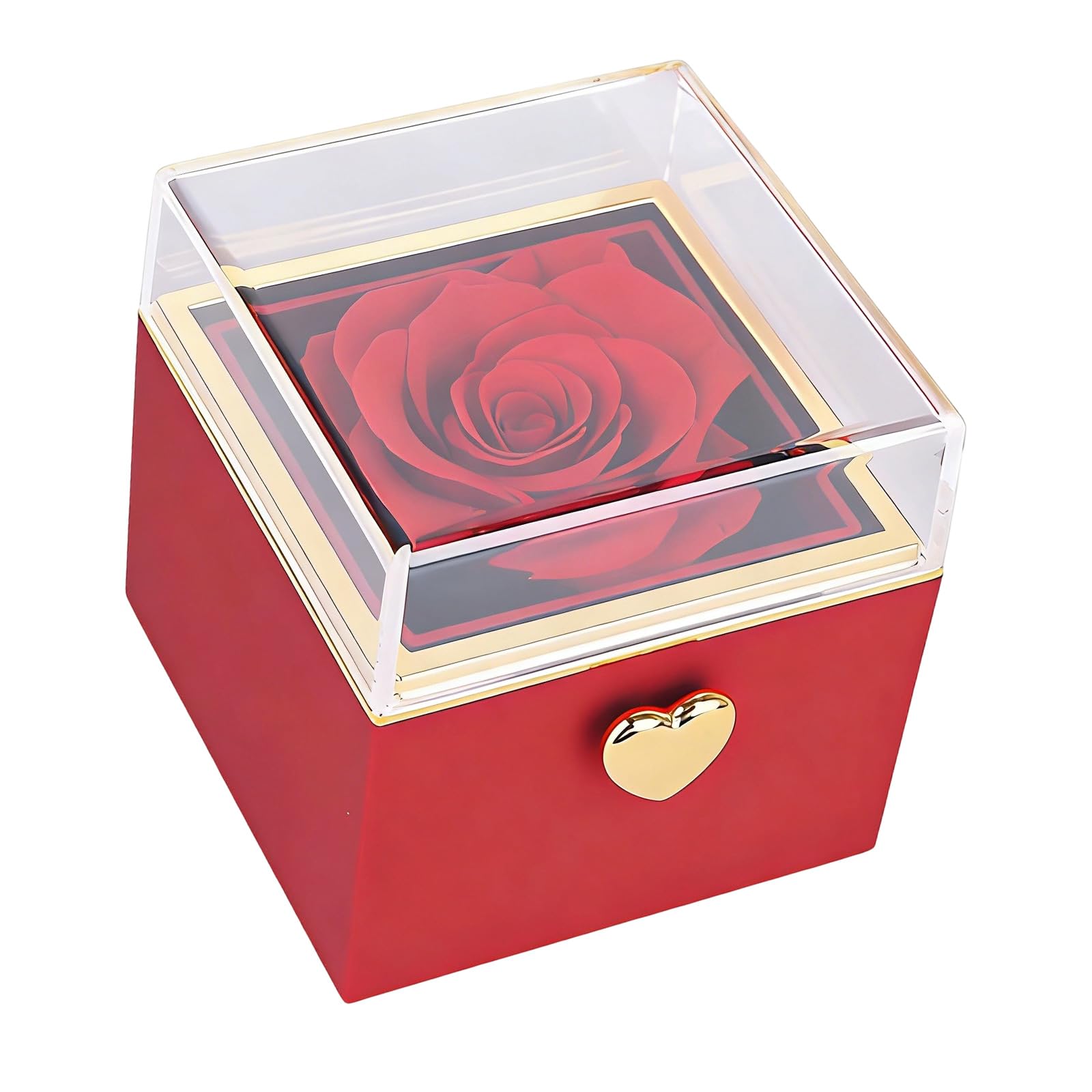 Hsyzygian Charm Rotating Jewelry Holder with Delicate Artificial Flower Storage Box and Metal Texture for Anniversaries Surprise Toss Hoop Box