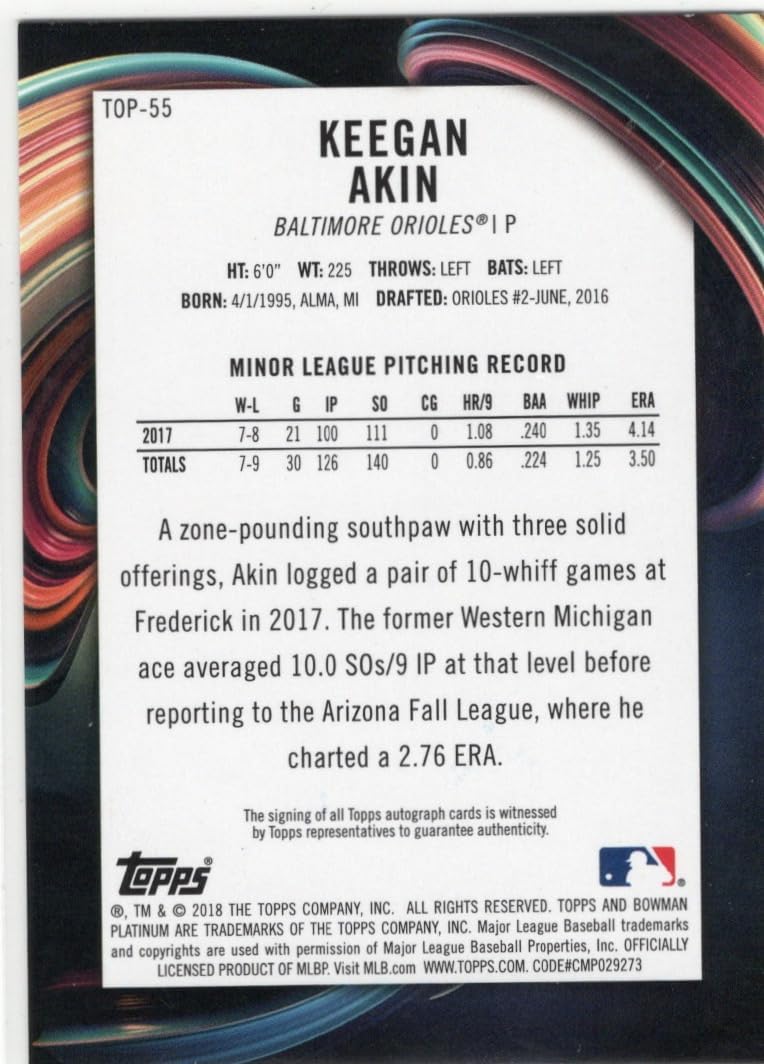 Keegan Akin Autographed Top Prospect Collectible Card - 2018 Bowman Platinum Baseball Card #Top-55 (Orioles)