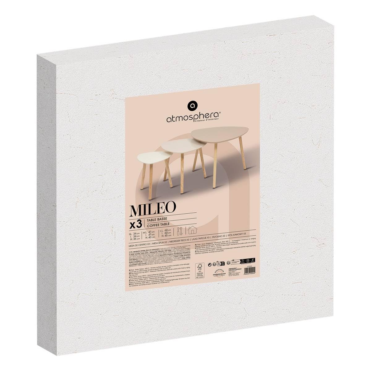 Atmosphera - Tables Gigognes Mileo, Lot de 3 - Beige, Pieds Bois, H 45 cm - Table Basse d'Appoint pour Salon, Chambre