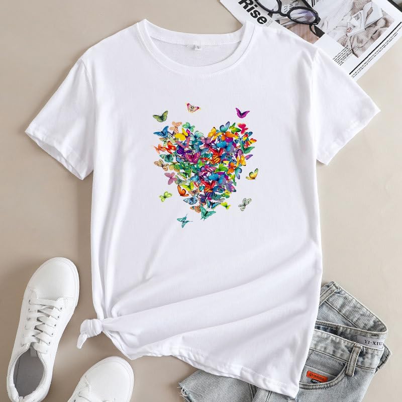 Women's Short Sleeve Heart Butterfly Graphic Tee Shirt Vintage Casual Loose Cotton T Shirt Summer Tops3