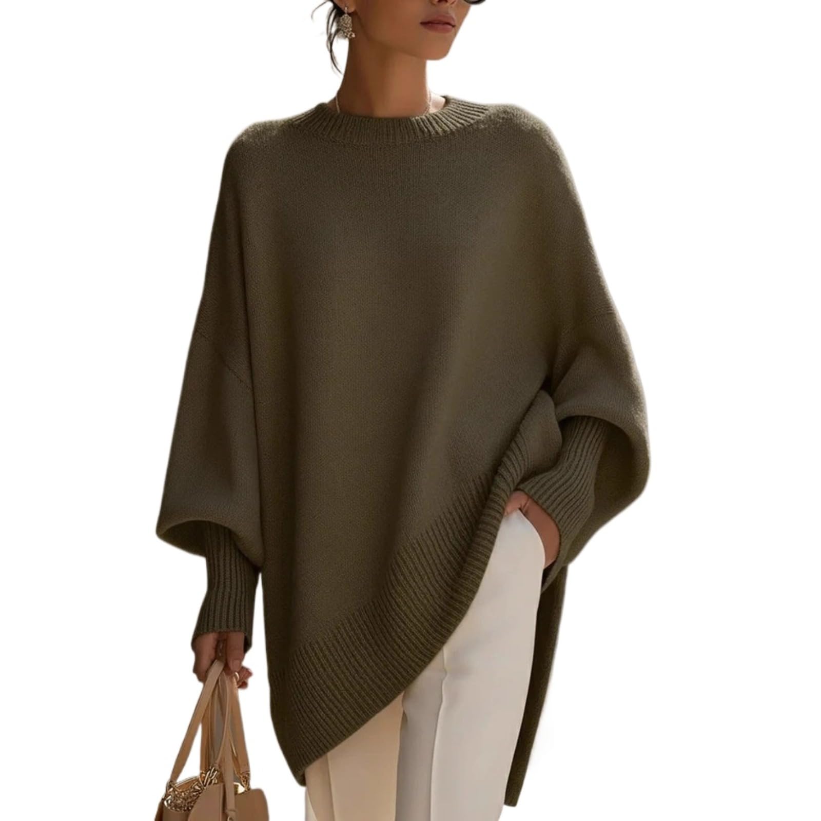 KIRYU Damen-Pullover mit asymmetrischem Saum, Fledermausärmel, Rundhalsausschnitt, Strickpullover, gemütlich, lang, Tunika-Pullover, Braun, Klein