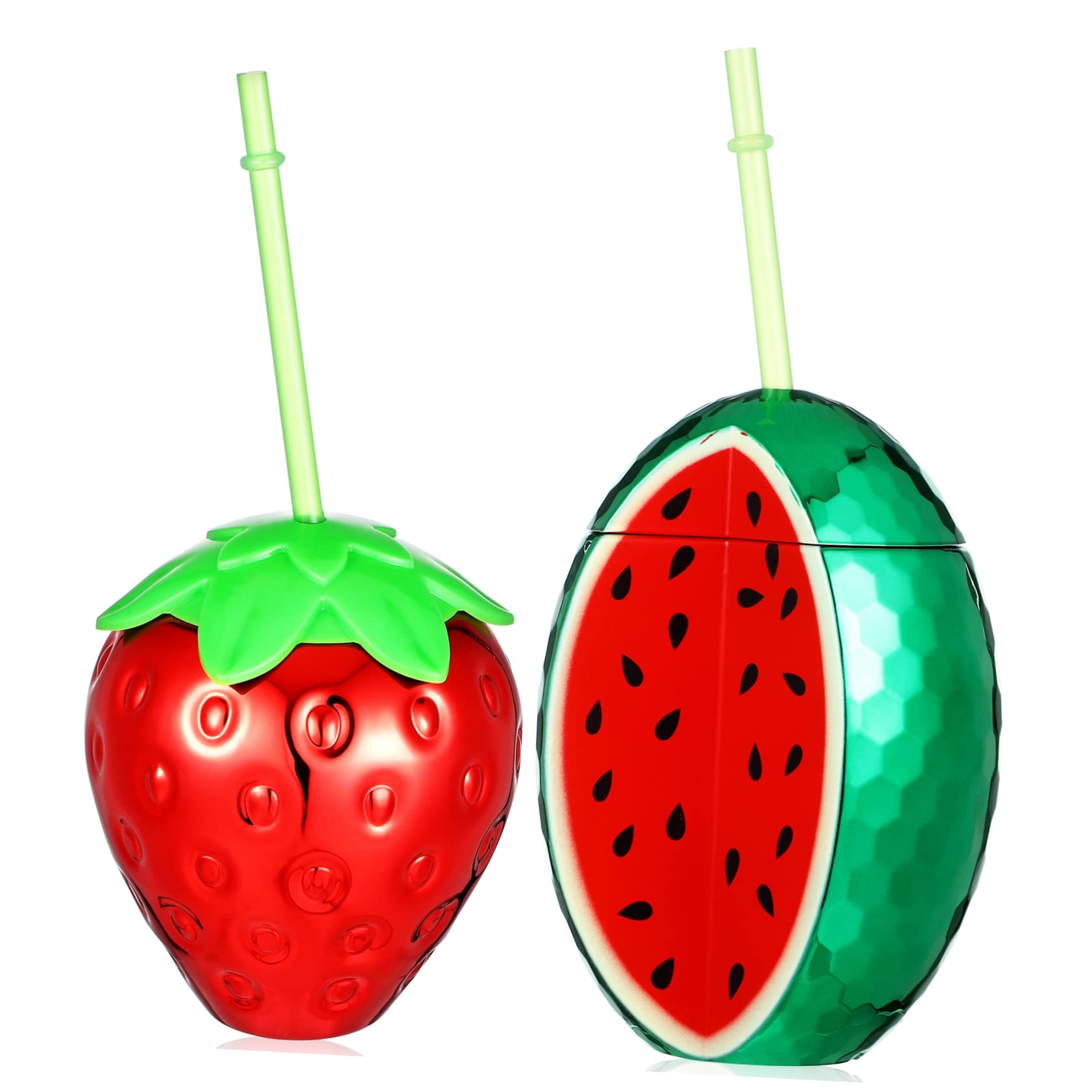 DECHOUS 2 Pcs Strawberry Cup Plastic Cups with Lids and Straws Watermelon Cup Water Glasses Glass Water Bottle Summer Party Summer Mug Cup Drink Cups with Lids and Straws Das Pp re-usable