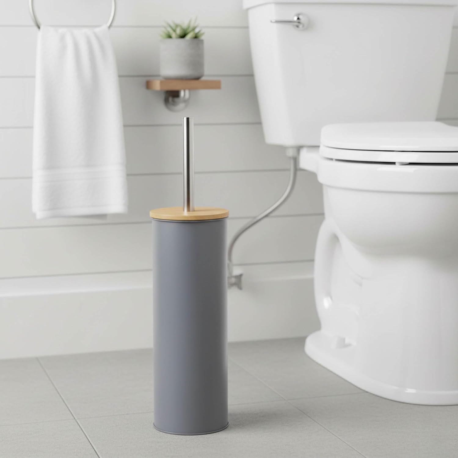 Gray Metal Toilet Brush and Holder Set with Bamboo Lid, Modern Bathroom Accessory Set for Deep Cleaning, Compact Design, Durable Bristles, Easy Grip Handle, Splash Guard, Steel Finish