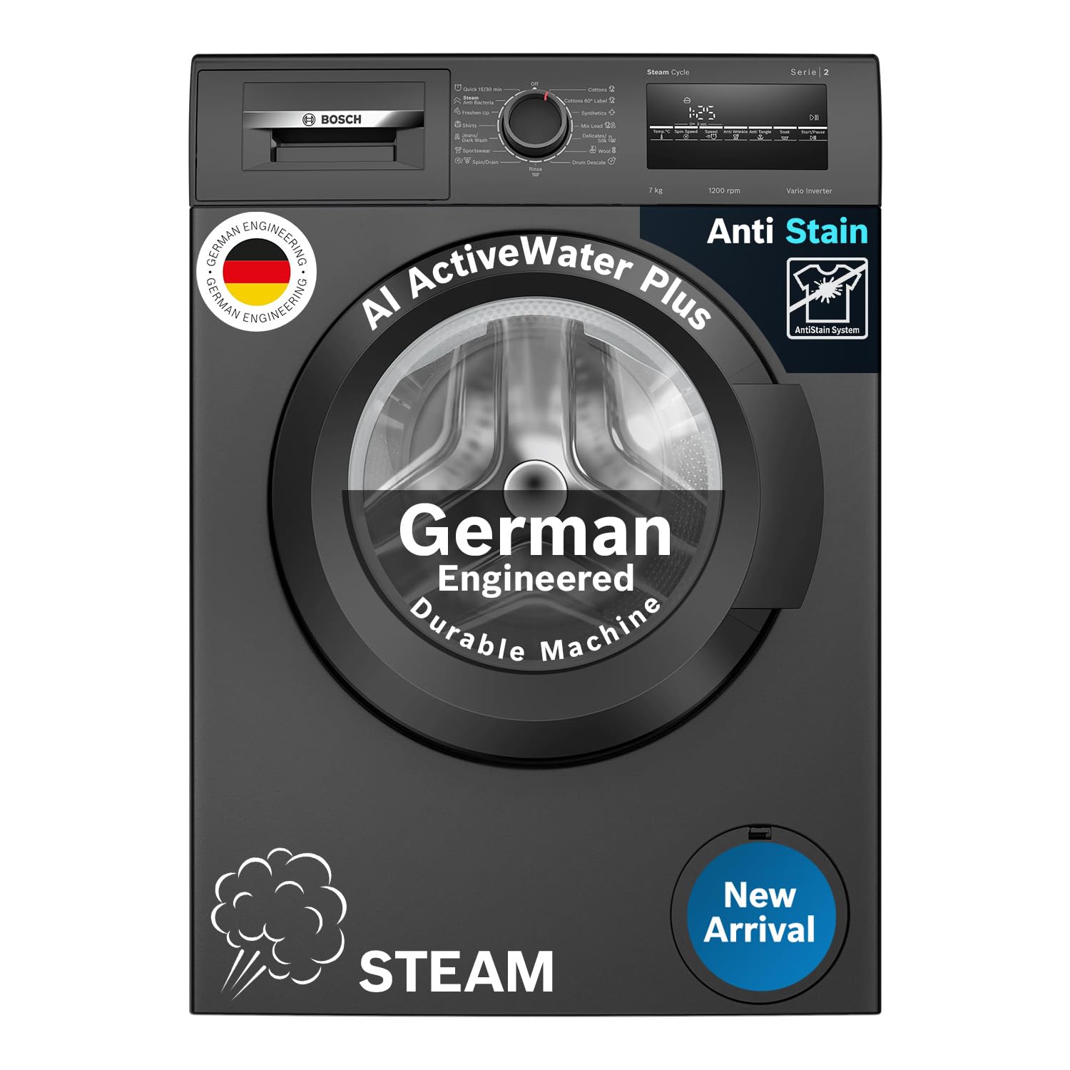 Bosch 7 kg 5 Star Fully-Automatic Front Loading Washing Machine (WAJ24209IN, Black, AI active water plus, In-Built Heater, BLDC Inverter motor, Steam)