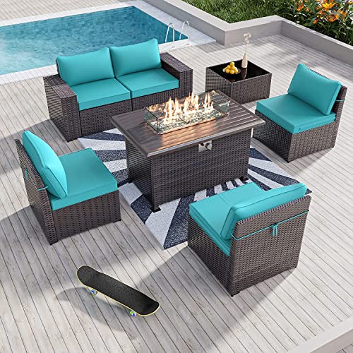 Kullavik 7 Pieces Outdoor Patio Furniture Set With 43" 55000Btu Gas Propane Fire Pit Table Pe Wicker Rattan Sectional Sofa Patio Conversation Sets,Green Blue #TOP7