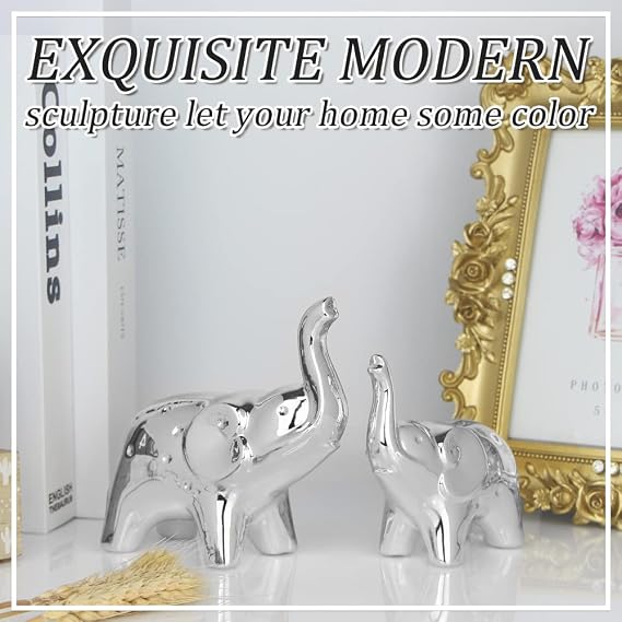A Pair Elephant Statues Home Decor Modern Style,Gold Sculpture Ornaments,Decorations Applicable Home, Office Desktop, Bookshelf TV Stand, Shelf, Living Room,Cabinets-Ceramics（Silver）