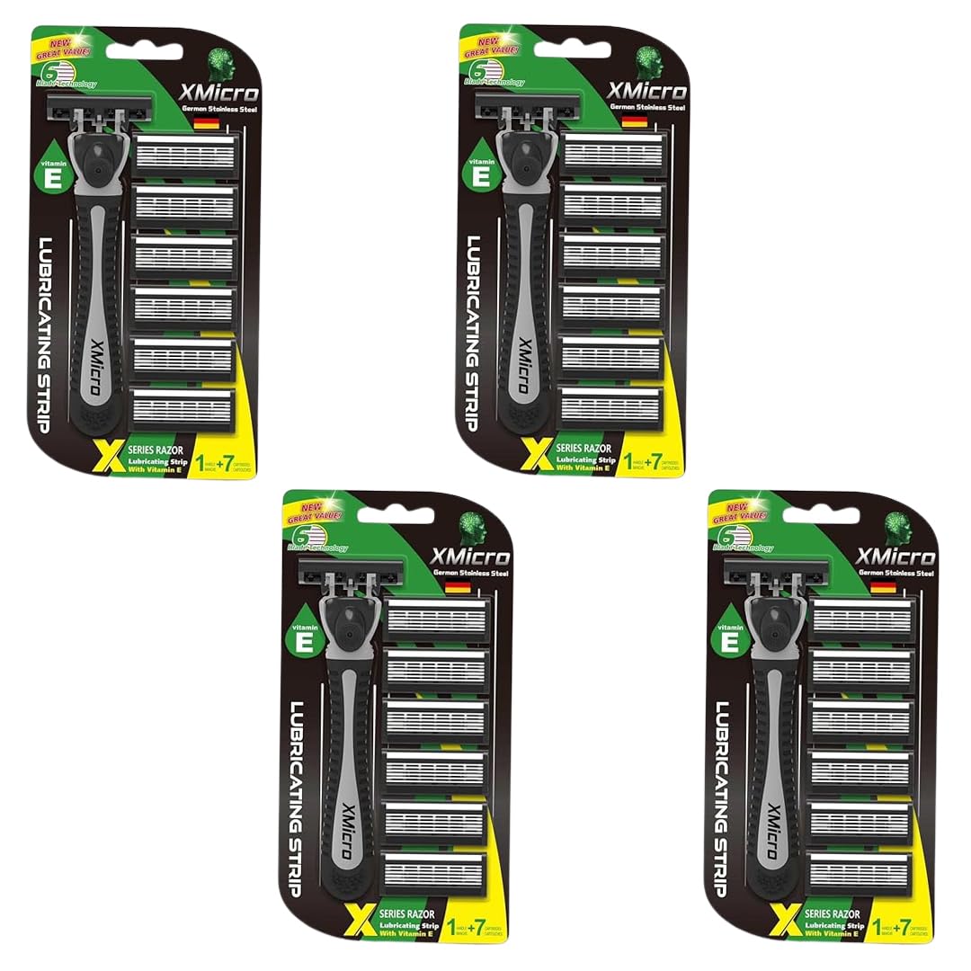 XMicro Razors for Men, 1 Razor, 7 Blade Refills with German Stainless Steel, Lubricated with Vitamin E, Aloe for Smooth Shave, Shields Against Irritation (Pack of 4) | 28 Blade Included